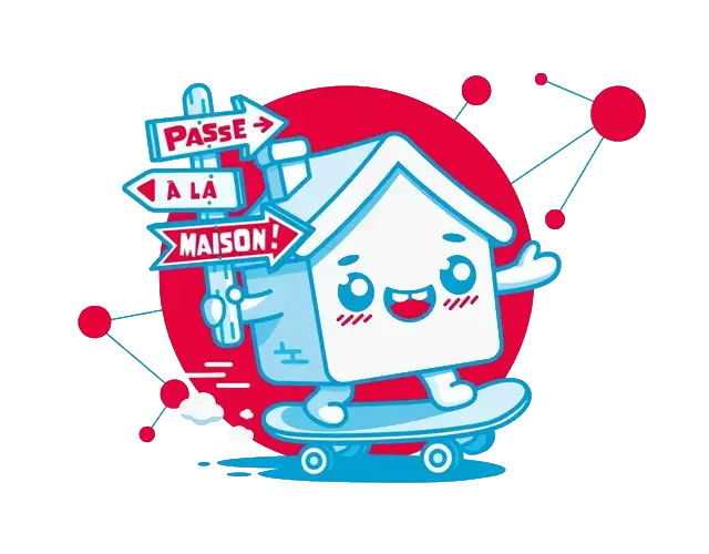 Illustration d’une maison souriante et inscription Passe à la maison