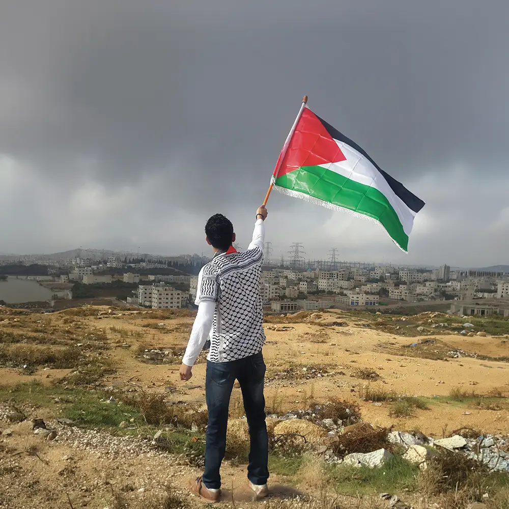 Personne tenant un drapeau palestinien face à un paysage